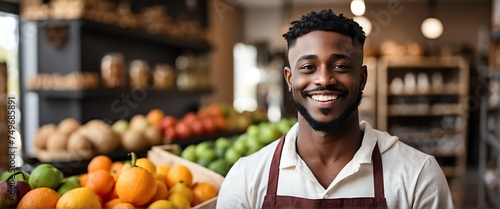 Small business owner young black african man at whole bulk food store smiling looking at camera from Generative AI