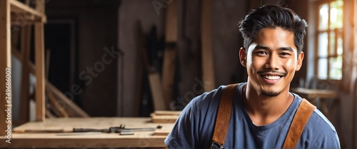Young attractive charming filipino man carpenter repair man smiling looking at camera from Generative AI photo