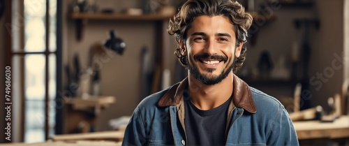 Young attractive charming italian man carpenter repair man smiling looking at camera from Generative AI