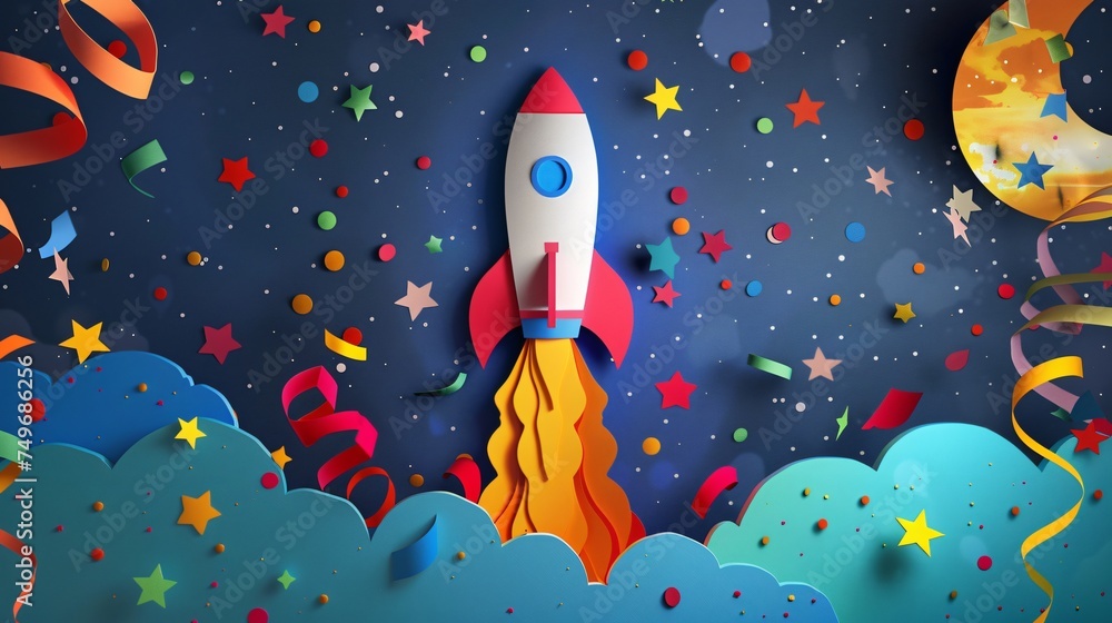 A whimsical papercut scene of a rocket launch with colorful confetti and streamers against a backdrop of a starry night sky