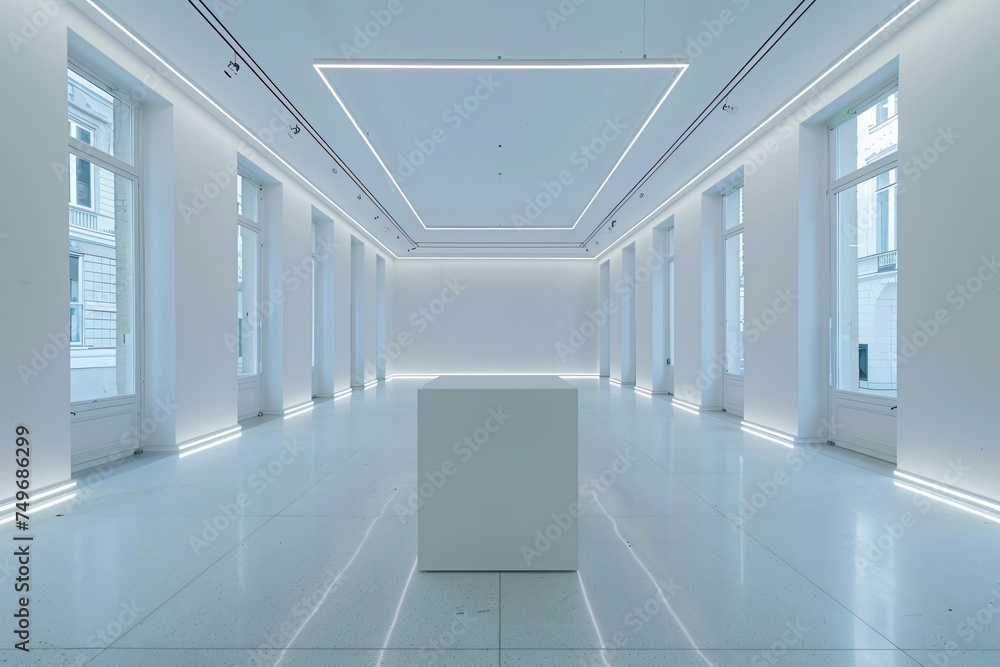 A white cube podium in a bright white environment with LED strips highlighting the edges creating an avant garde setting for a piece of contemporary art A white cube podium in a bright white environment with LED strips highlighting the edges creating an avant garde setting for a piece of contemporary art