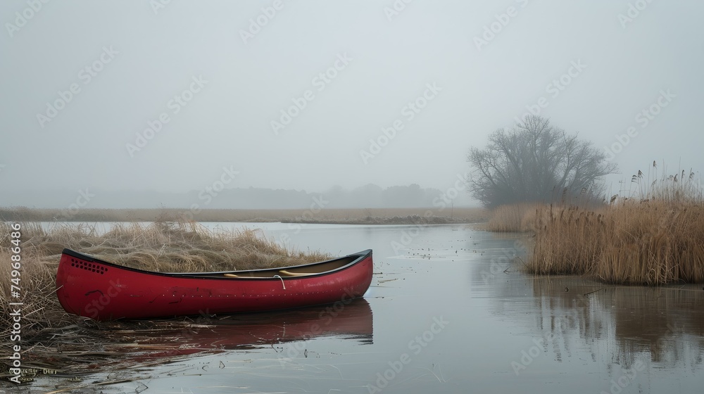 Serene red canoe on a misty lake among reeds. calm waters and moody weather. tranquil solo adventure in nature. perfect for wall art and postcards. AI Serene red canoe on a misty lake among reeds. calm waters and moody weather. tranquil solo adventure in nature. perfect for wall art and postcards. AI