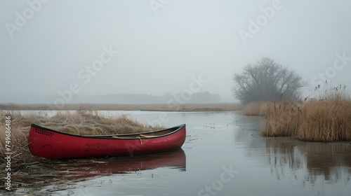 Serene red canoe on a misty lake among reeds. calm waters and moody weather. tranquil solo adventure in nature. perfect for wall art and postcards. AI