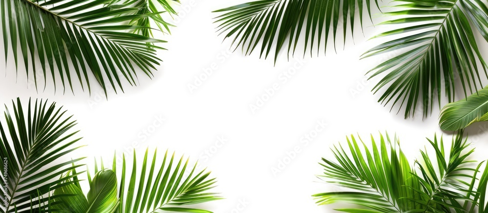 A collection of isolated palm leaves against a white backdrop, suitable for tropical-themed designs and summer aesthetics. The leaves are vibrant green and feature intricate patterns, with a clipping A collection of isolated palm leaves against a white backdrop, suitable for tropical-themed designs and summer aesthetics. The leaves are vibrant green and feature intricate patterns, with a clipping