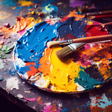 Close-up of a painters palette with vibrant colors 