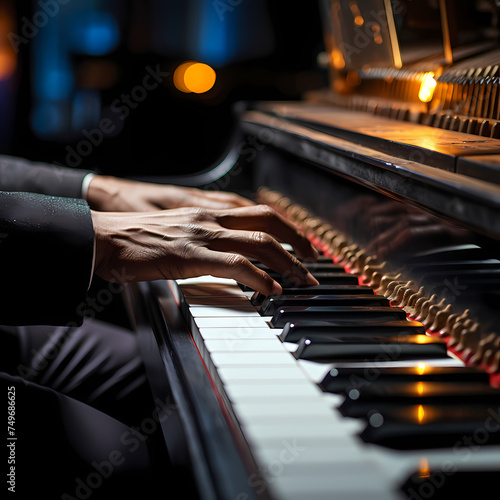 Close-up of a musicians hands on a piano.