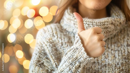 An intimate close up of a young woman in a cozy sweater giving a thumbs up with a warm softly lit home background conveying comfort and satisfaction