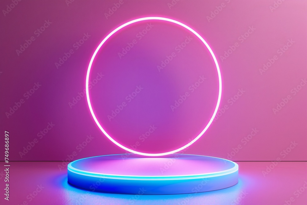 Bright neon round podium in electric blue set against a contrasting neon pink background for a lively and energetic atmosphere Bright neon round podium in electric blue set against a contrasting neon pink background for a lively and energetic atmosphere