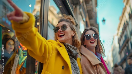 Vibrant women hailing a cab in the city. urban style, casual fashion. a moment of joy and friendship. lively cityscape background. AI