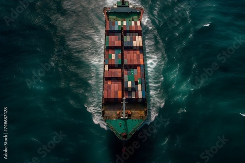 Aerial view of a large, heavy loaded container cargo ship