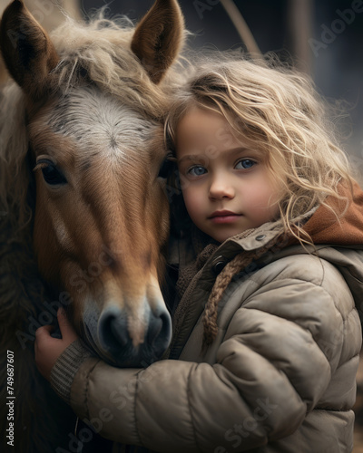 A beautiful little girl in warm clothes hugs a little horse. Hippotherapy concept for rehabilitation