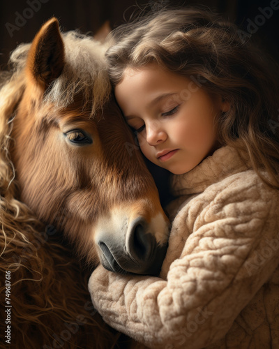 Little girl embracing brown horse - concept of equine therapy for rehabilitation and wellness