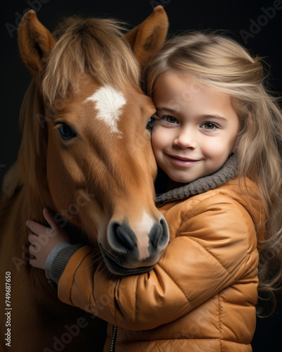 Little red horse embraced by a lovely girl. Hippotherapy concept for rehabilitation