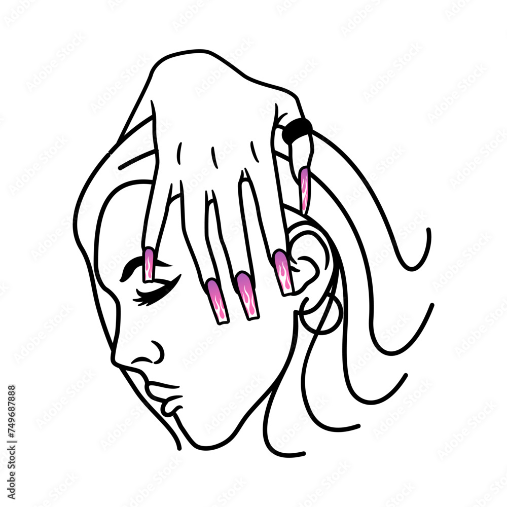woman face with hand and hair, Design element for logo, poster, card, banner, emblem, t shirt. Vector illustration woman face with hand and hair, Design element for logo, poster, card, banner, emblem, t shirt. Vector illustration