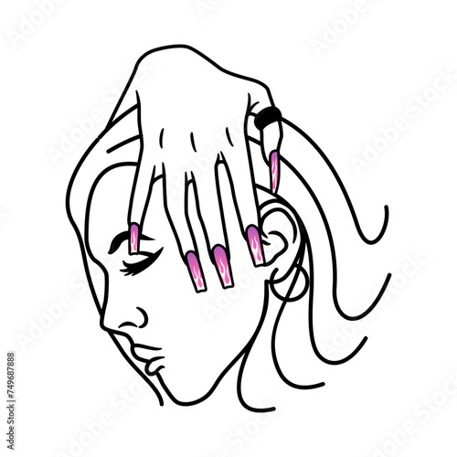 woman face with hand and hair, Design element for logo, poster, card, banner, emblem, t shirt. Vector illustration