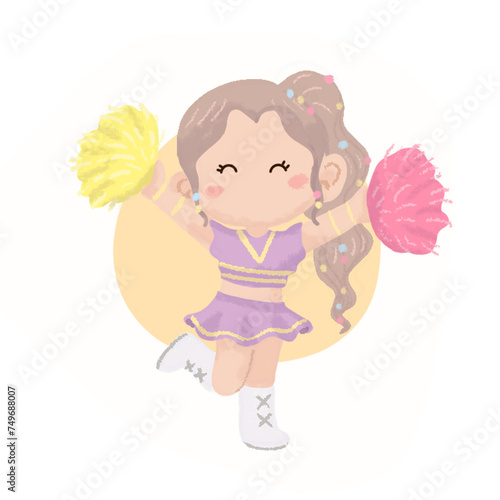 little girl cartoon character cheerleader. Chibi kawaii hand drawing style. Vector illustration of adorable cartoon mascot.