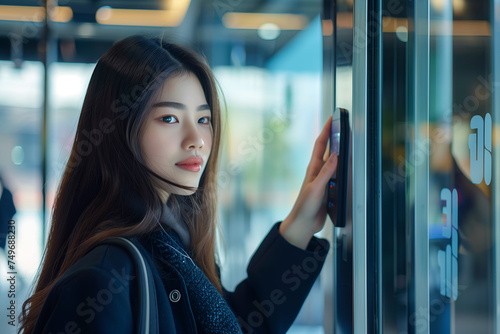 Young attractive Asian woman executive uses a finger scanner to unlock a glass door in an office building