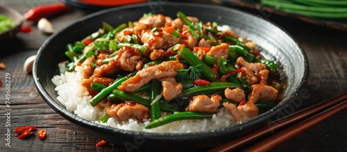 This plate showcases a delicious Asian meal featuring stir-fried pork, green beans, garlic, chili, and ginger served over a bed of rice. The pork is tender and flavorful, complemented by the crunch of