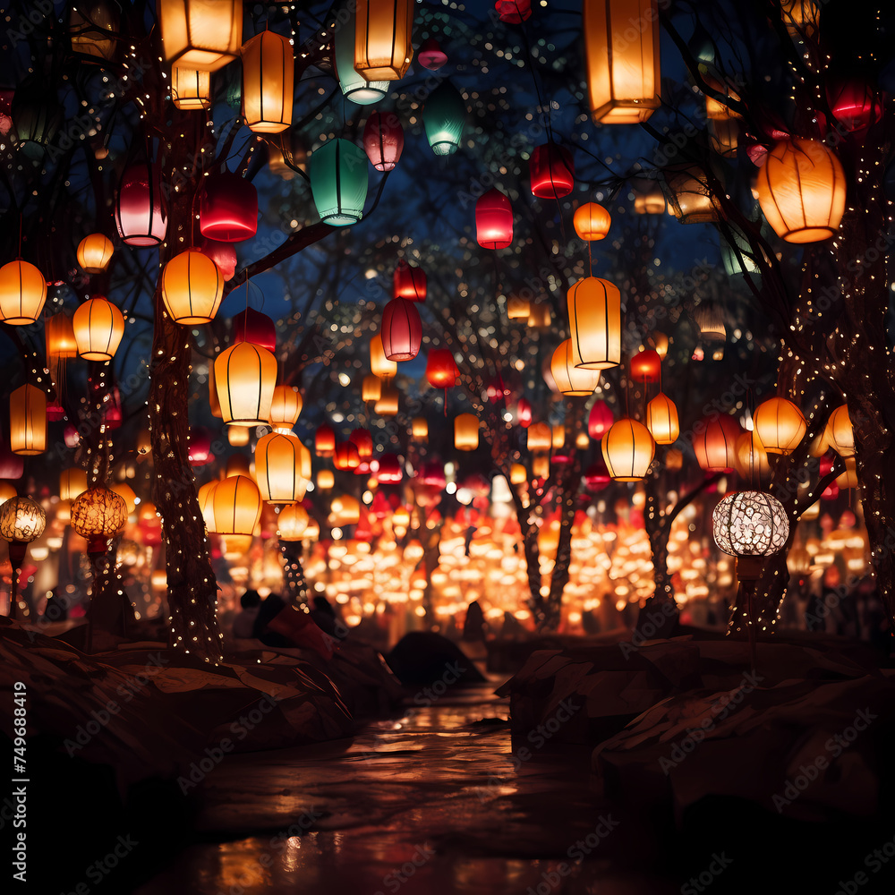 Glowing lanterns in a nighttime festival.