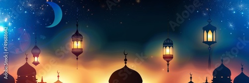 ramadan kareem, mawlid, iftar, isra miraj, eid al fitr adha, muharram, copy space text area,Generative AI. © auttawit