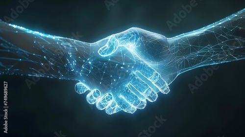 two wire-frame glowing hands, trust concept, handshake, technology, business