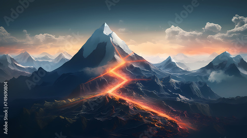 Illustration of magnificent mountain peaks illuminated by brilliant light photo