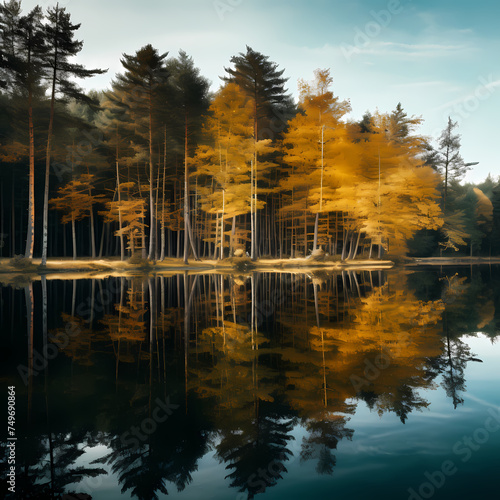 Reflections of autumn trees in a calm lake.  © Cao