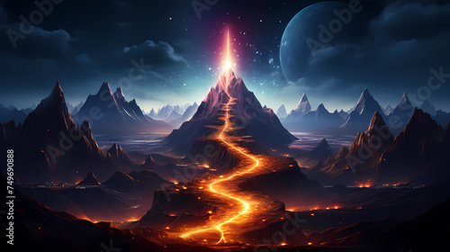 Illustration of magnificent mountain peaks illuminated by brilliant light