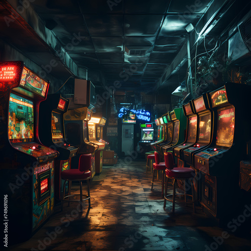 Retro arcade game machines in a dimly lit room.