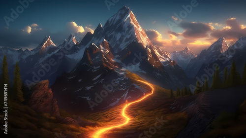 Illustration of magnificent mountain peaks illuminated by brilliant light