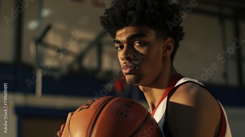 Portrait of american male basketball player holding the ball with his face looking at the camera © Fajar