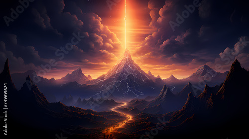 Illustration of magnificent mountain peaks illuminated by brilliant light