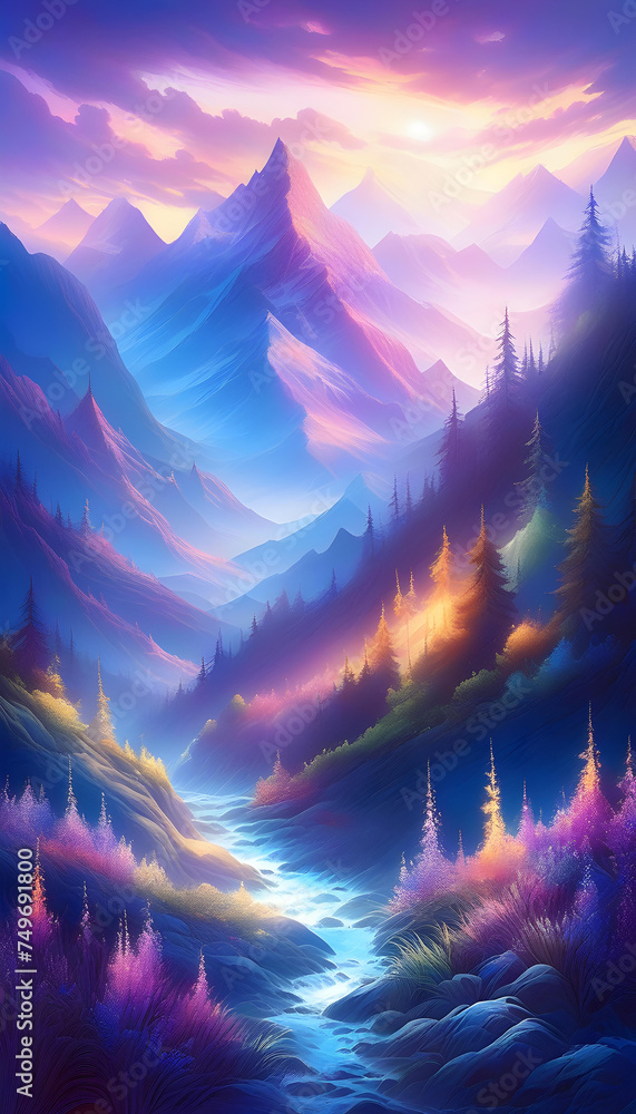 Mystical Mountains, Fantasy, Magical, Enchanted, Landscape, Peaks, Nature, Surreal, Dreamlike, Scenery, Mystical, Ethereal, Unreal, Fantasy World, AI Generated