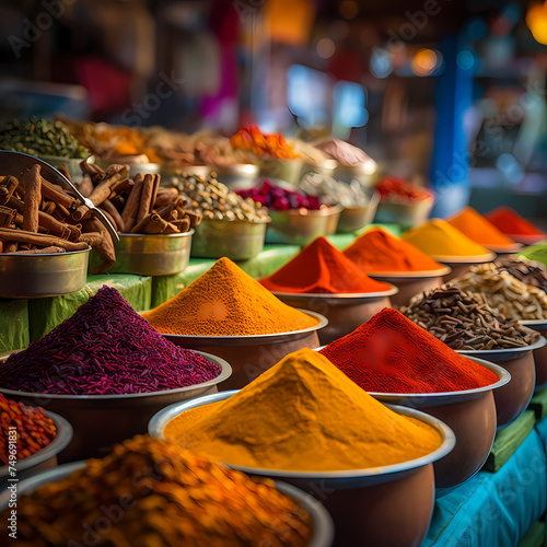 Rows of colorful spices in a market.