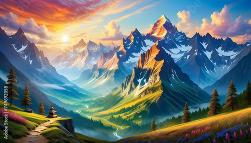 Mystical Mountains, Fantasy, Magical, Enchanted, Landscape, Peaks, Nature, Surreal, Dreamlike, Scenery, Mystical, Ethereal, Unreal, Fantasy World, AI Generated