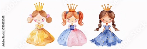 Set of three cute cartoon illustration of little princess in dress and tiara isolated on white, watercolor adorable illustration. photo