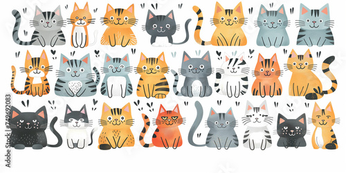 Assorted colorful cute cats kitty illustration in watercolor style isolated on white background, for crafty cloth print pattern, children's book illustration, gift wrapping wallpaper.
