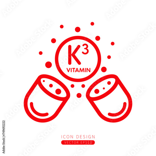 Vitamin K3 icon red floating out of capsule Isolated on a white background. Form simple line. Design for use on web app mobile and print media. Vector. photo