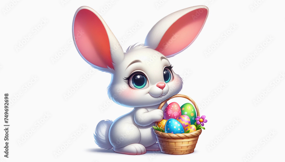 An Easter Bunny with basket full of eggs on a completely pure white background. An Easter Bunny with basket full of eggs on a completely pure white background.