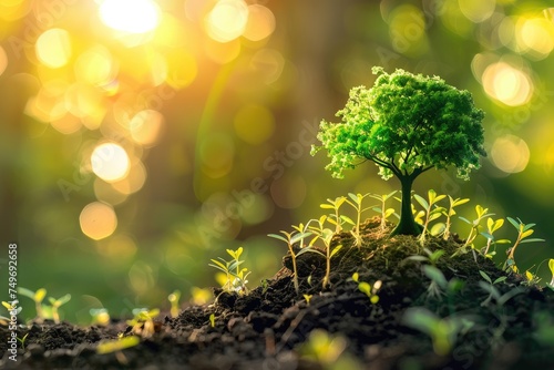 A mature tree and young seedlings growing in soil with a bright  sunlit forest background