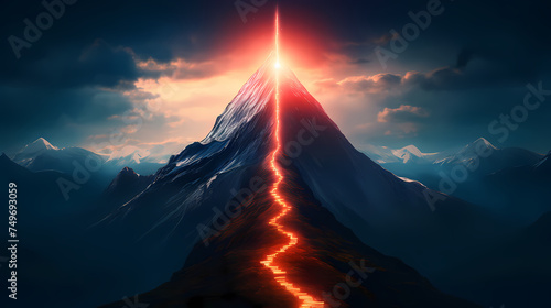 Road to success concept  glowing light road up the mountain