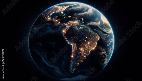 The Earth from space at night, with the entire globe visible and South America taking center stage