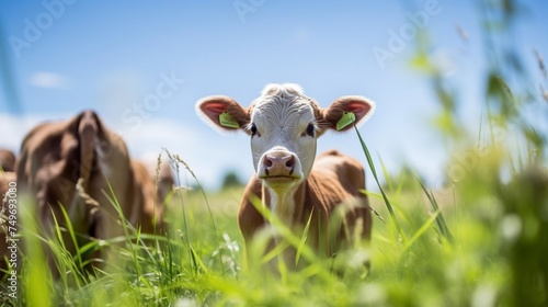 Young calf in the pasture with green grass on a summer day with many flies around its eyes