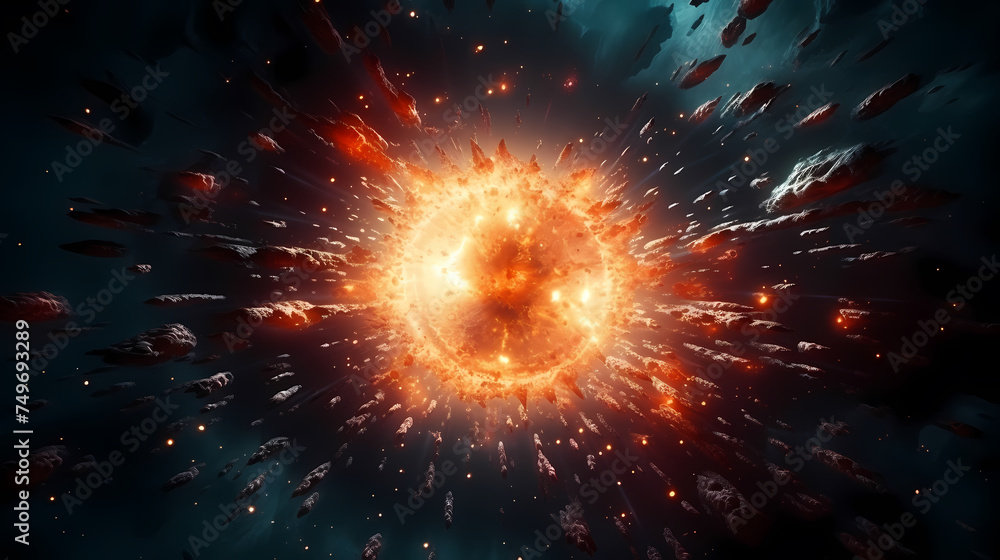 Big explosion with fire and debris in space with Earth as background Big explosion with fire and debris in space with Earth as background