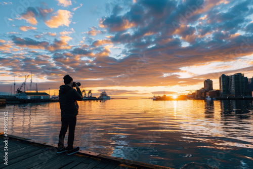 A photographer stands in front of a beautiful sunset