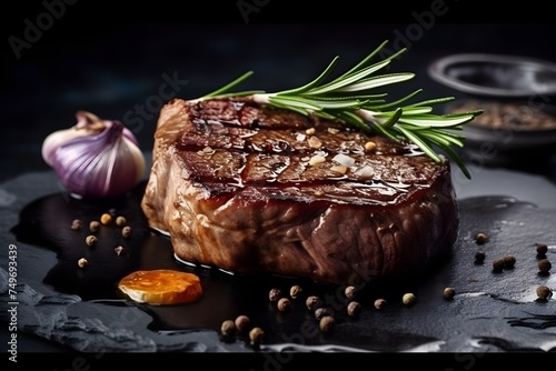 Grilled ribeye beef steak with rosemary and marinated onion on a black stone table