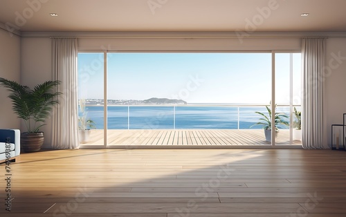 Empty room with sea view and sunlight
