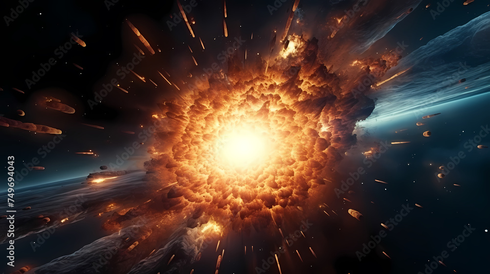 Big explosion with fire and debris in space with Earth as background Big explosion with fire and debris in space with Earth as background
