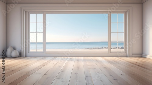 Empty room with sea view and wooden floor
