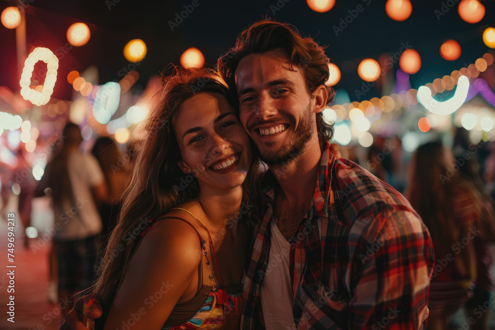 Cheerful couple has fun while attending summer music festival at night